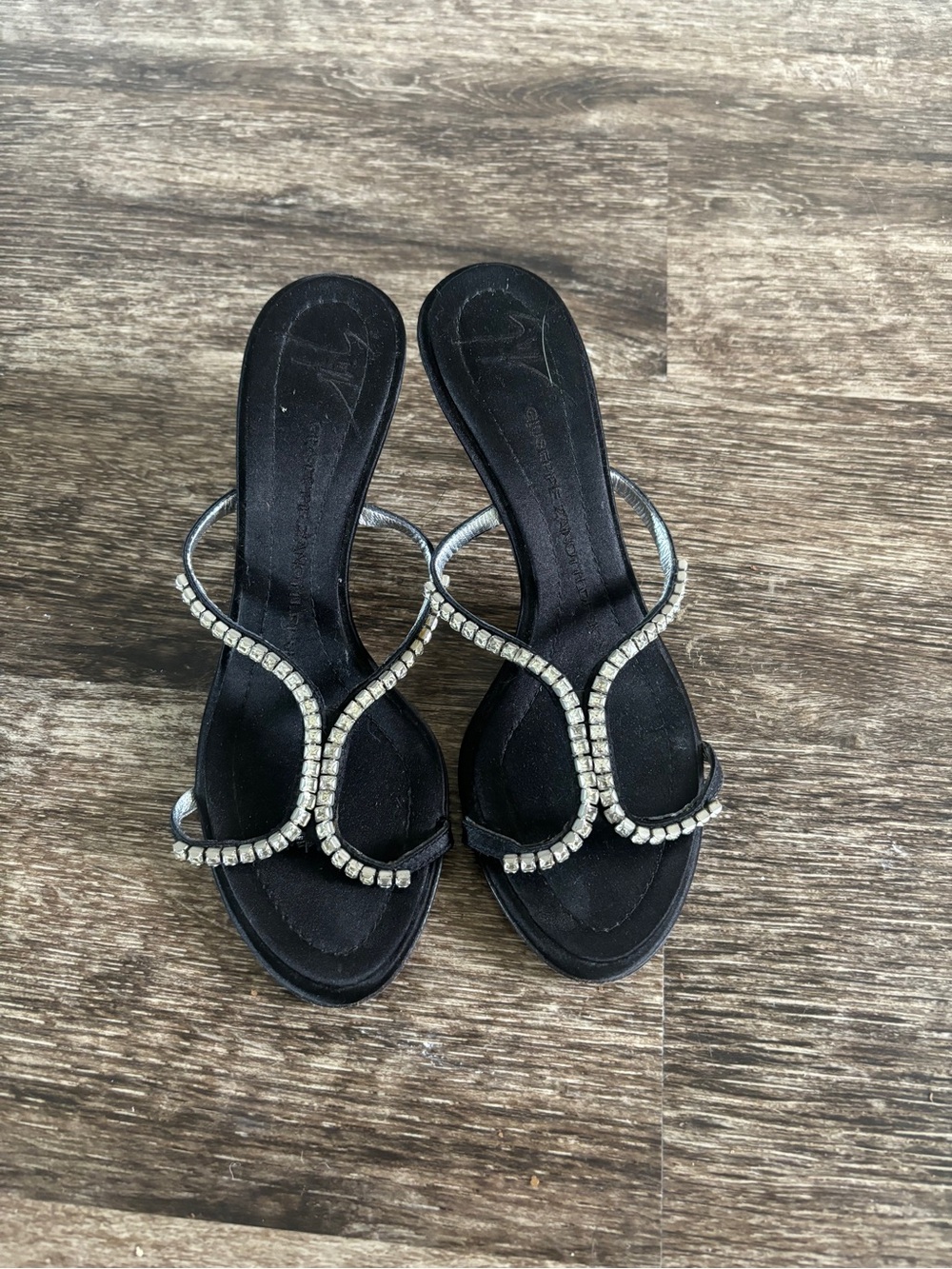 Giuseppe Zanotti Black Rhinestone Strappy Kitten Heel Slides